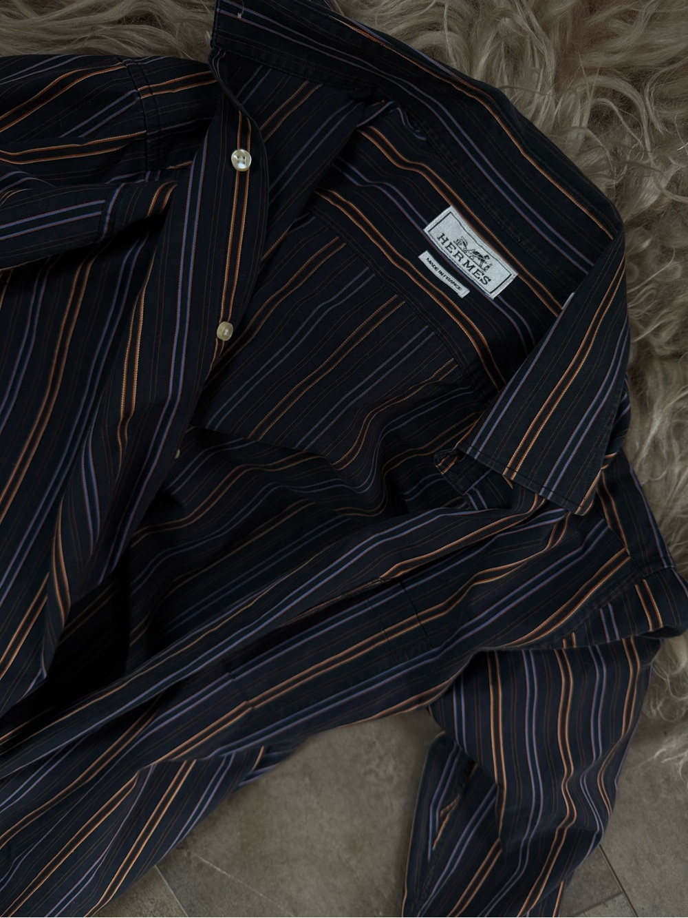 Hermes France 🇫🇷 Men’s Navy Stripe Button-Up Shirt